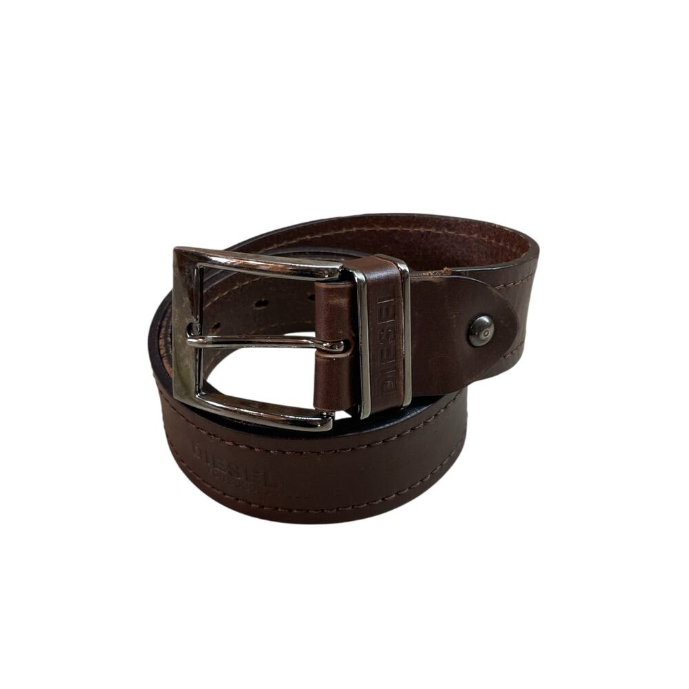Diesel Belt M Brown Leather Silver Buckle Logo Embossed Biker Moto